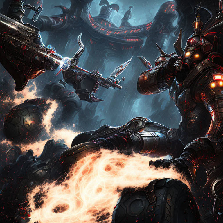 Advanced robots and weapons in futuristic battle scene with fiery orb, dark background