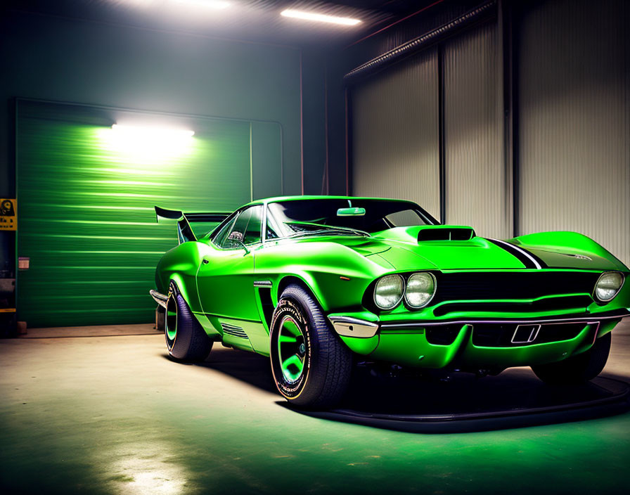 Bright Green Muscle Car with Black Stripes and Green Rims in Closed Garage