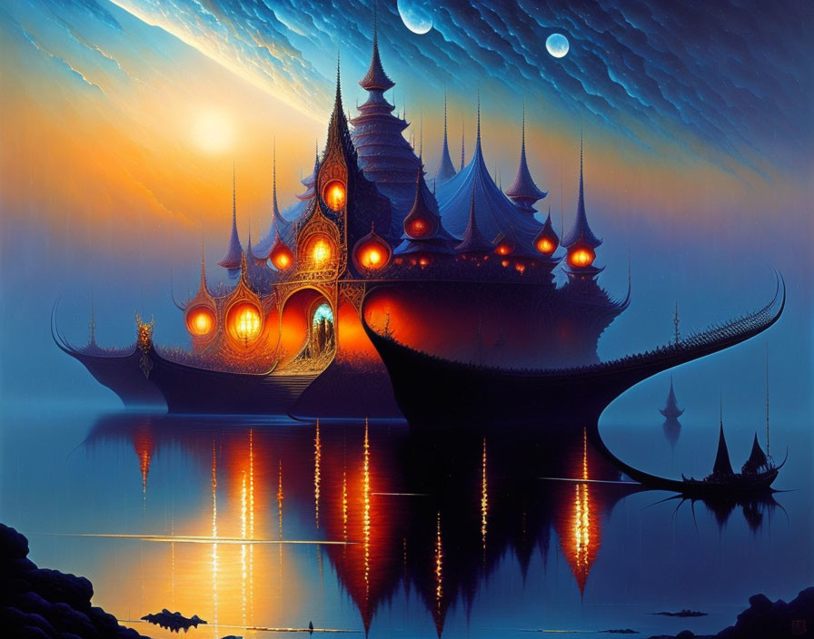 Fantastical digital artwork: Glowing ornate ship over tranquil water