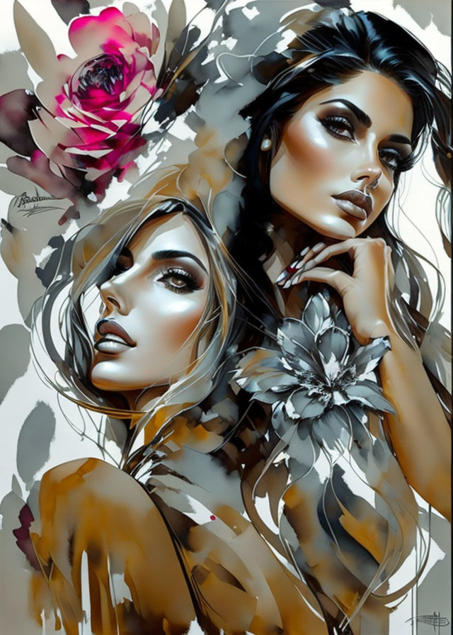 Elegant Female Figures Surrounded by Floral Elements