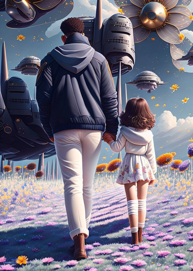 Person and child walk through flower field towards futuristic flying ships