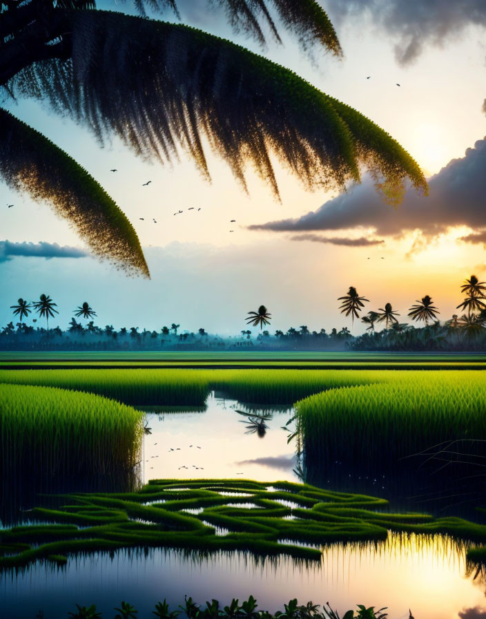 Tranquil sunset over paddy field with palm trees and flying birds