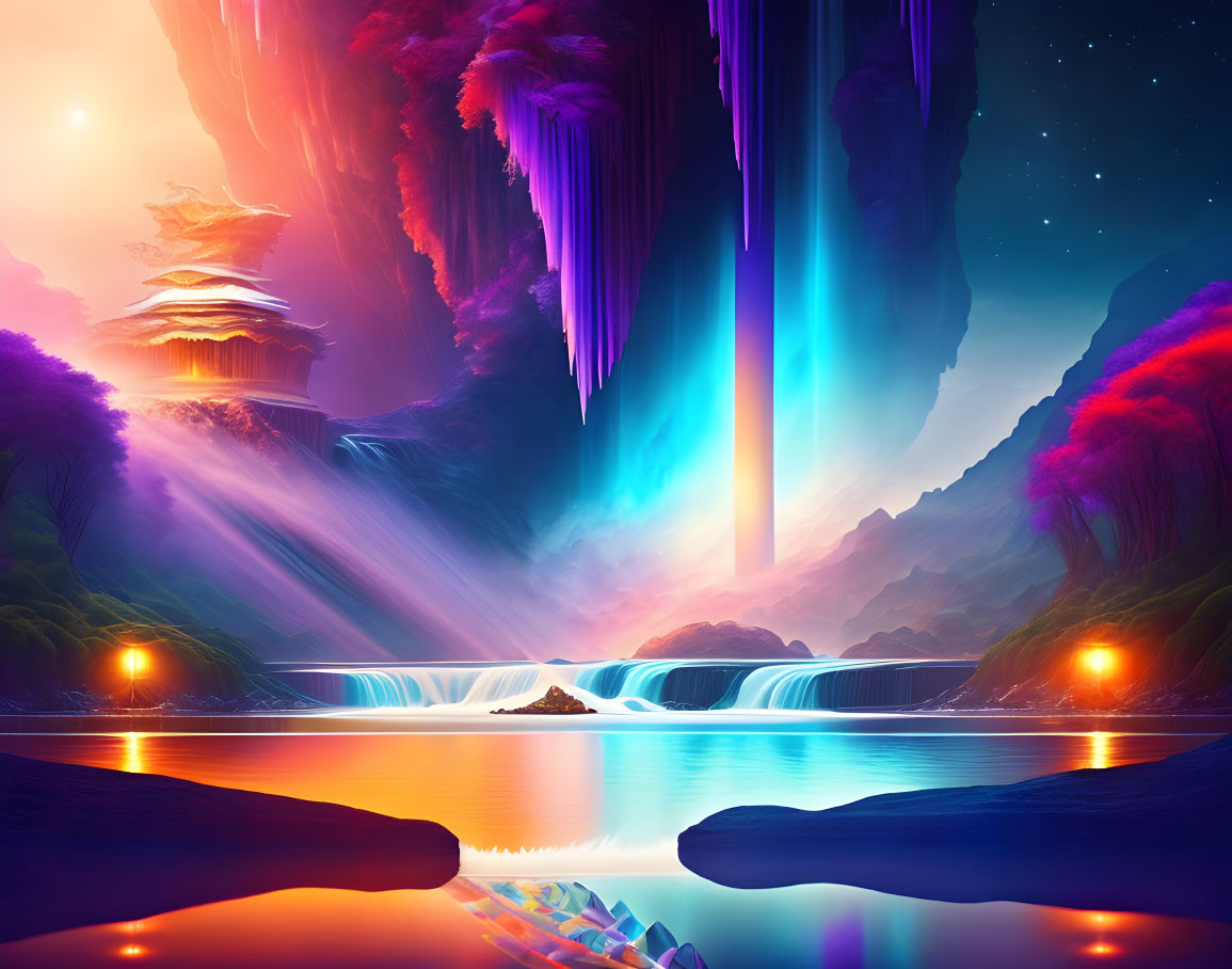 Fantasy landscape with waterfall, neon lights, and pagoda in cliffs