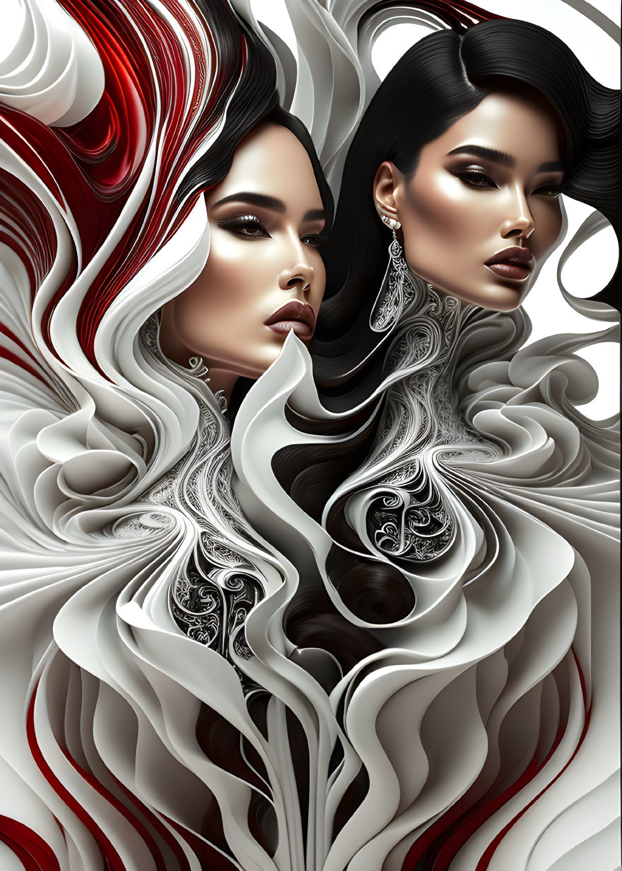 Stylized Faces in Flowing Patterns and Glossy Textures