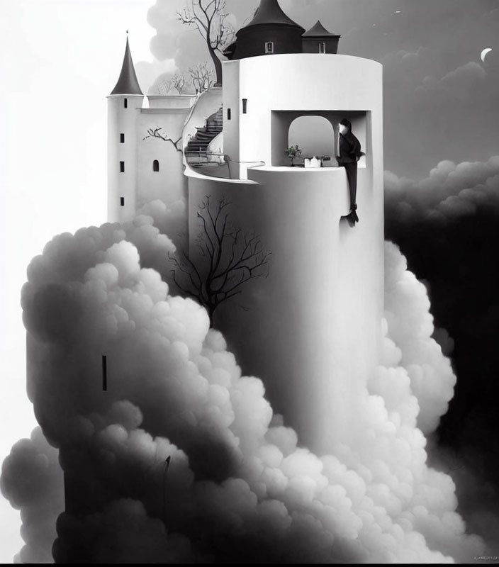 Surreal Castle Above Clouds with Black and White Elements