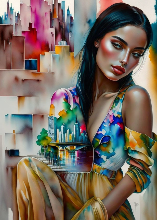 Portrait of a Woman with Cityscape Background