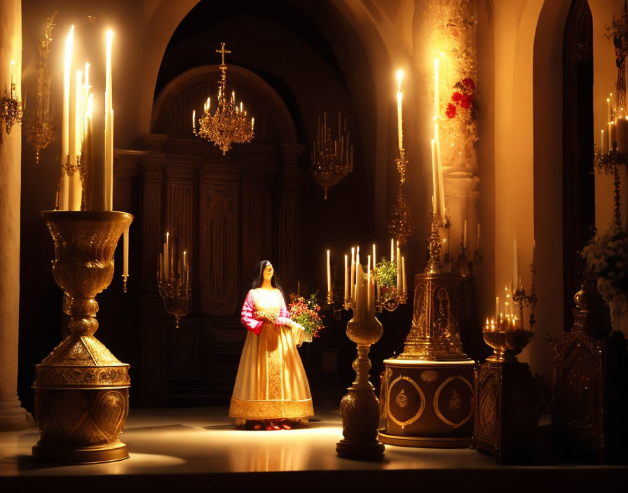 Ornate church interior with altar, candles, chandelier, religious icons, and figure in white