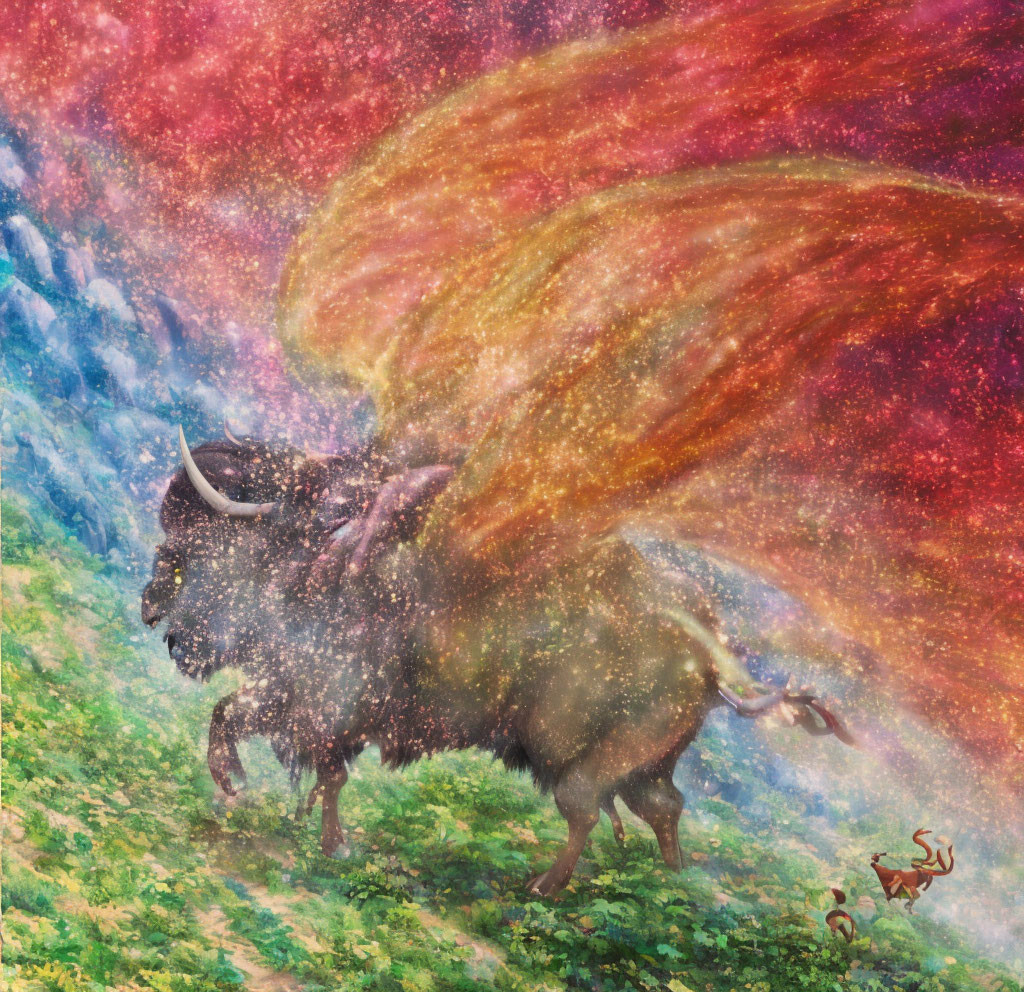 Mythical bison with fiery, star-strewn wings in lush meadow