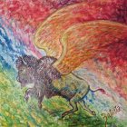 Mythical bison with fiery, star-strewn wings in lush meadow