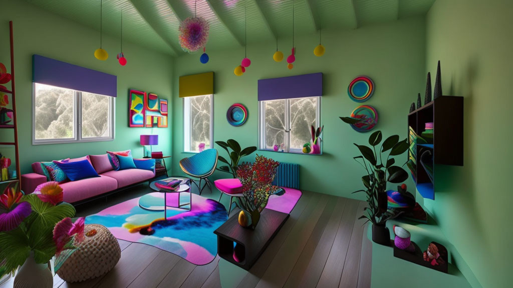 Colorful Living Room with Pink and Blue Furniture and Lush Greenery View