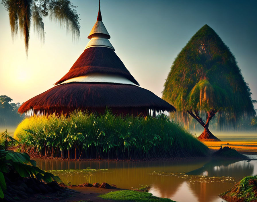 Tranquil landscape with thatched hut, tree, and water reflection