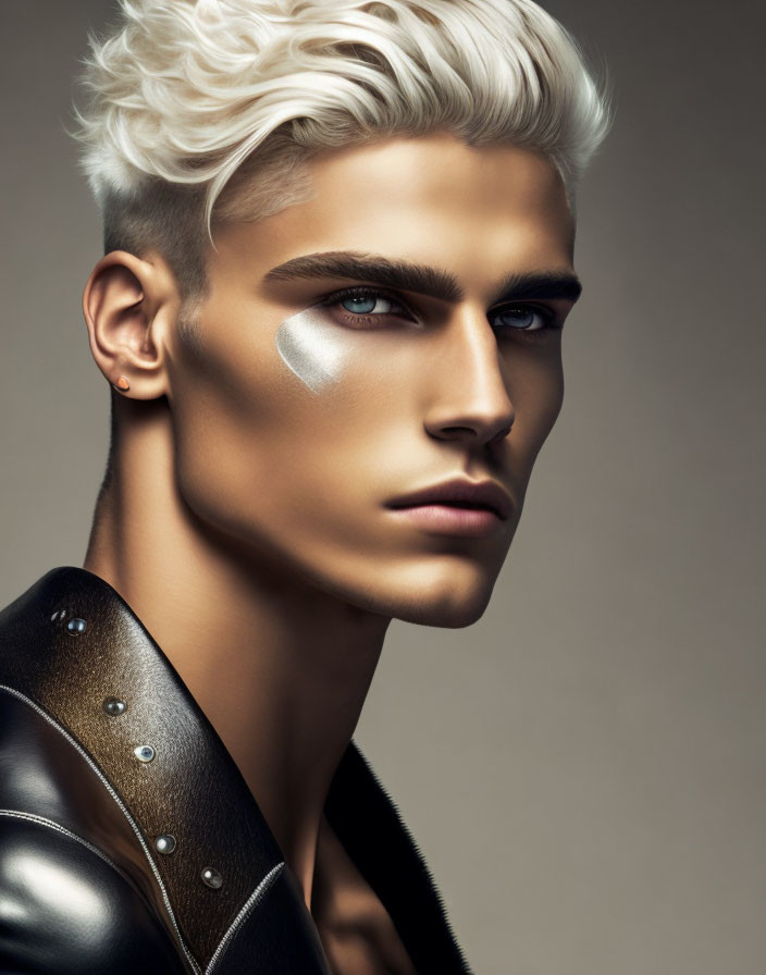 Platinum Blonde Man Portrait with Metallic Silver Streak