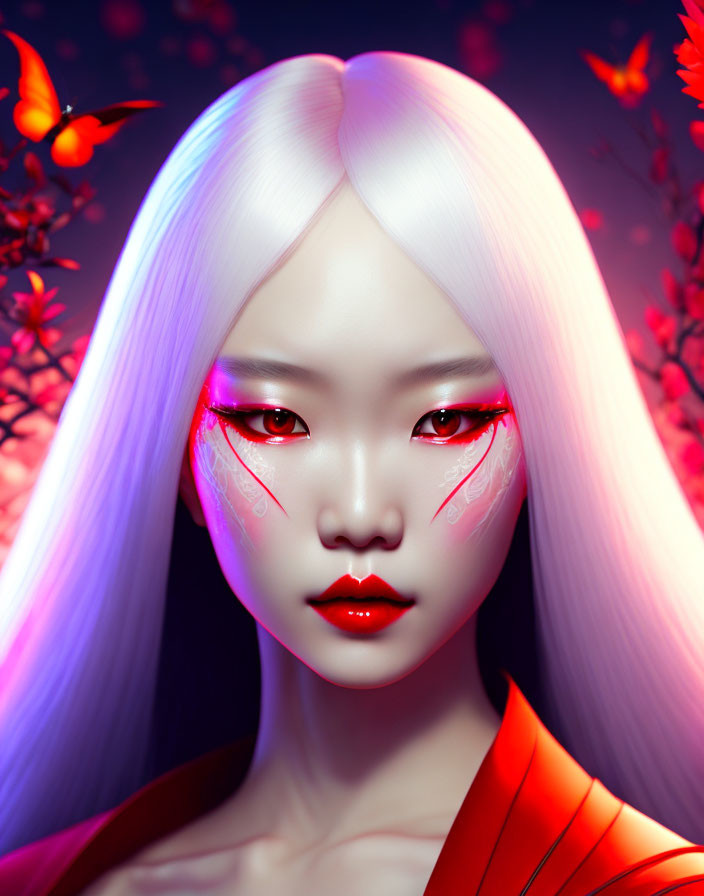 Digital artwork of character with pale white hair and red eyes against red foliage