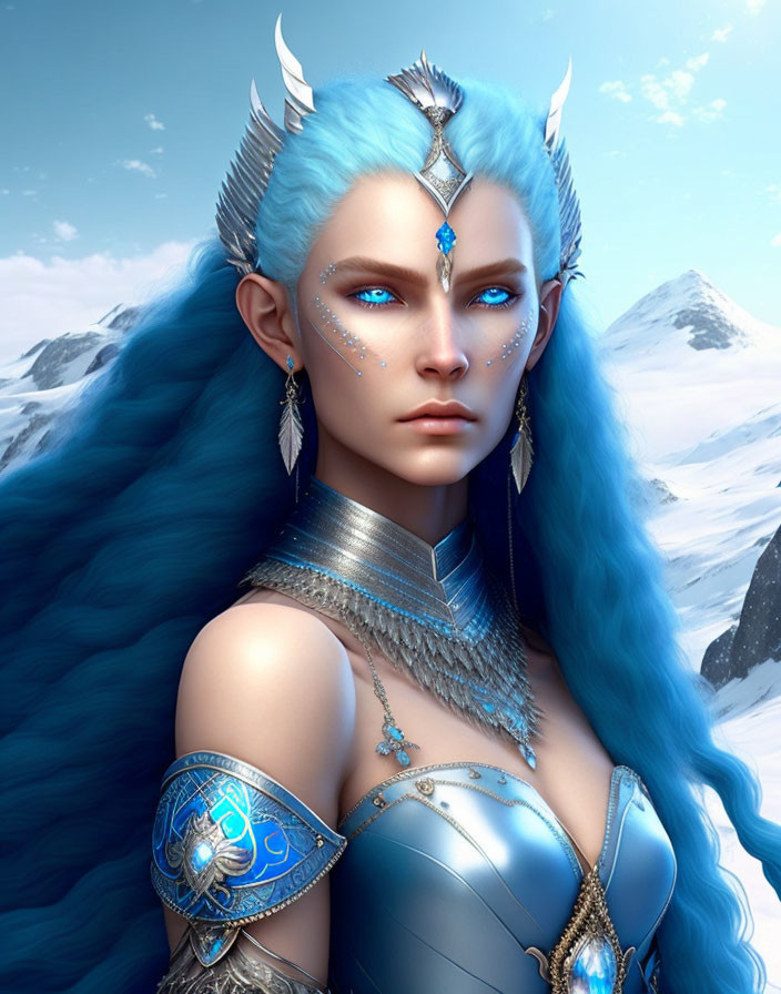 Blue-skinned female character in silver and blue armor on snowy mountain.