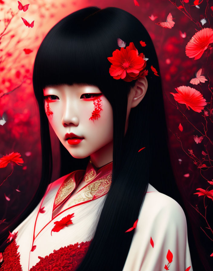 Surreal portrait of girl with black hair and red eyes among flowers and butterflies