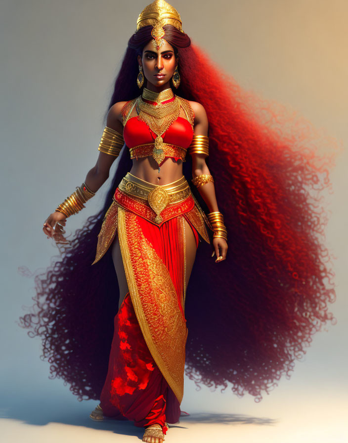 Digital artwork: Woman with red flowing hair in traditional Indian attire and gold jewelry.