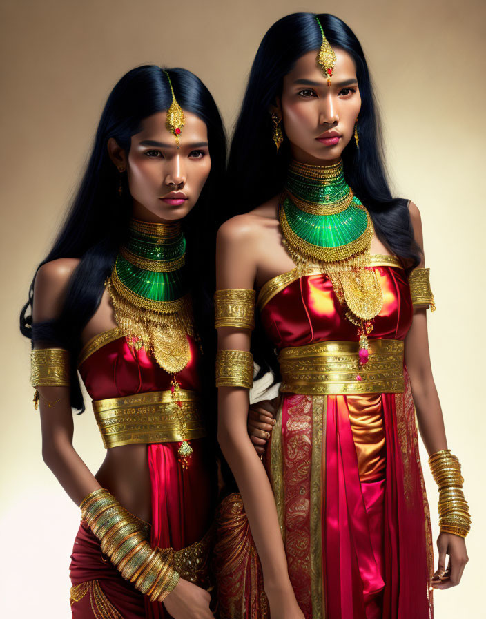 Traditional Indian Attire and Gold Jewelry on Two Women