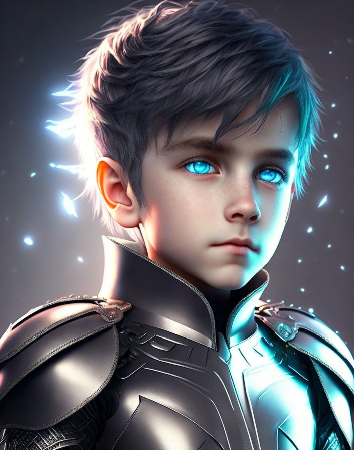 Young boy with blue eyes in futuristic armor and glowing particles.