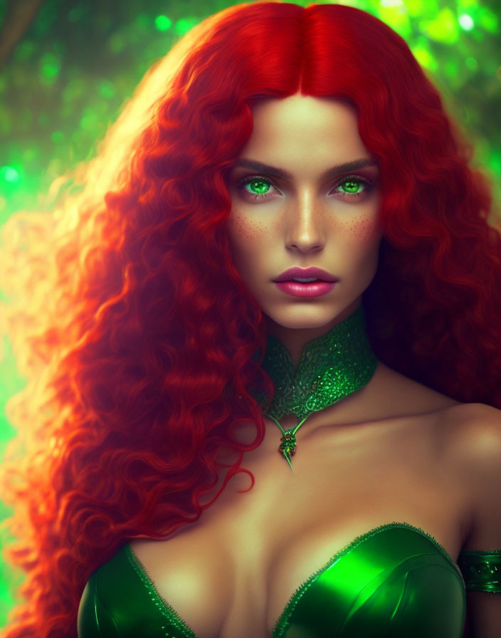 Vibrant red-haired woman in green dress with choker necklace on green bokeh background