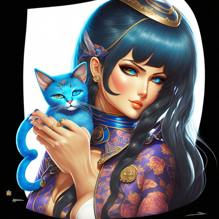 Stylized illustration of woman with blue hair and cat in gold jewelry