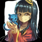 Stylized illustration of woman with blue hair and cat in gold jewelry