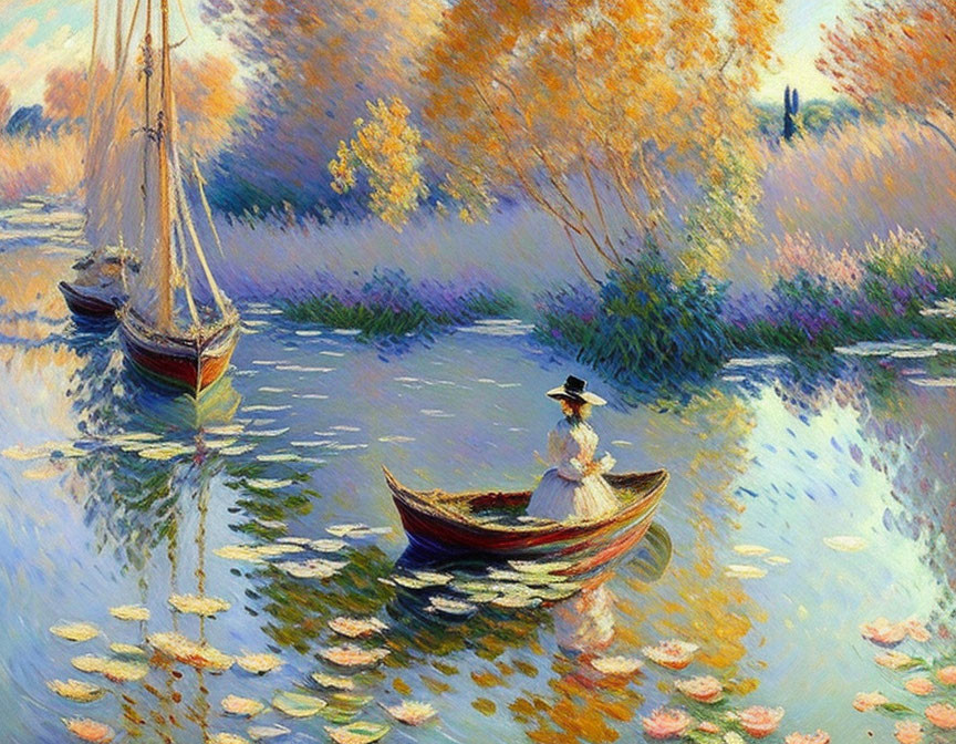 Person in boat surrounded by sailboats on calm water, autumn trees in background