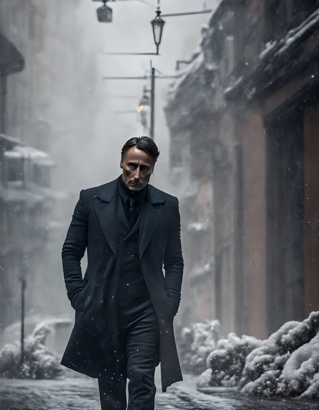 Man in Dark Coat Walking Down Snow-Covered Street at Night