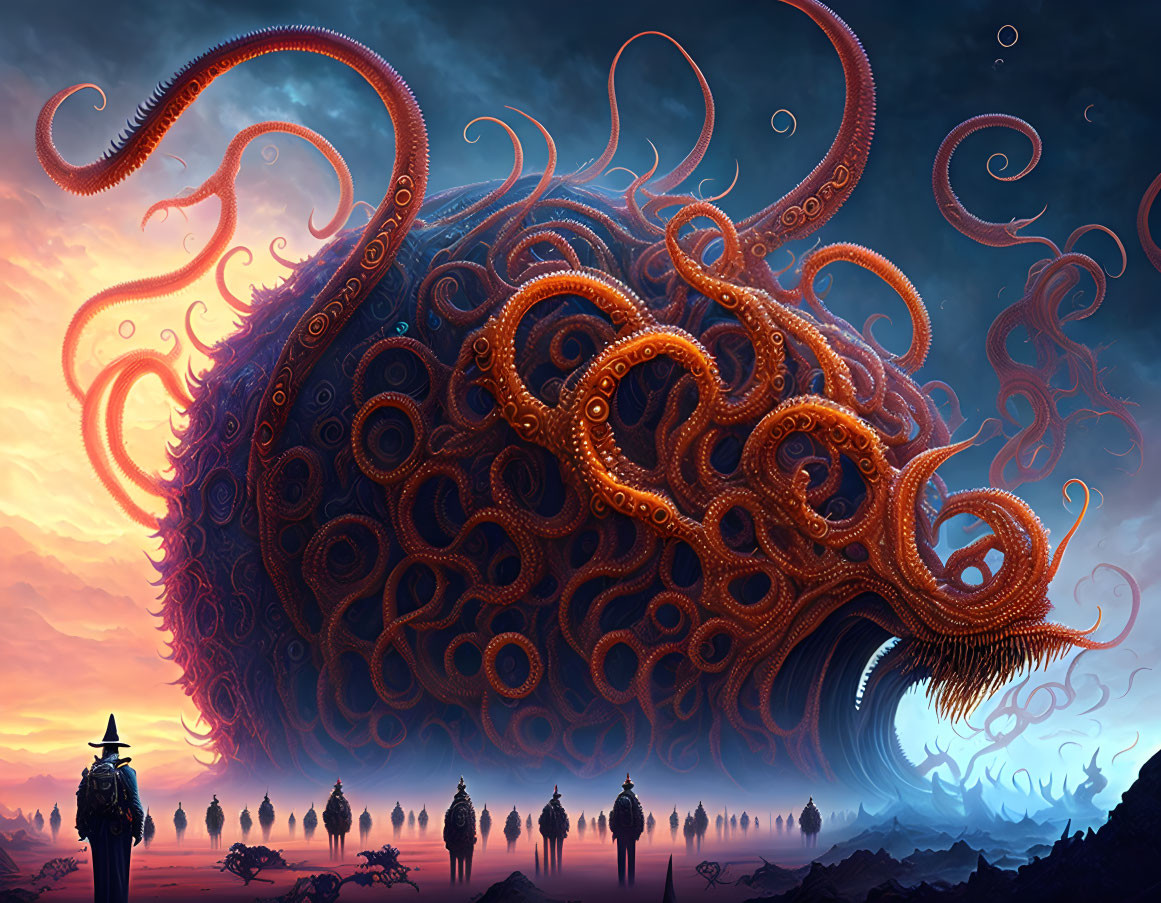 Surreal image: Giant octopus above textured landscape