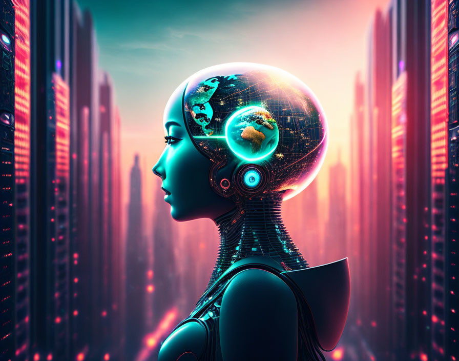 Transparent-headed futuristic robot with Earth inside, amid neon-lit skyscrapers at twilight.