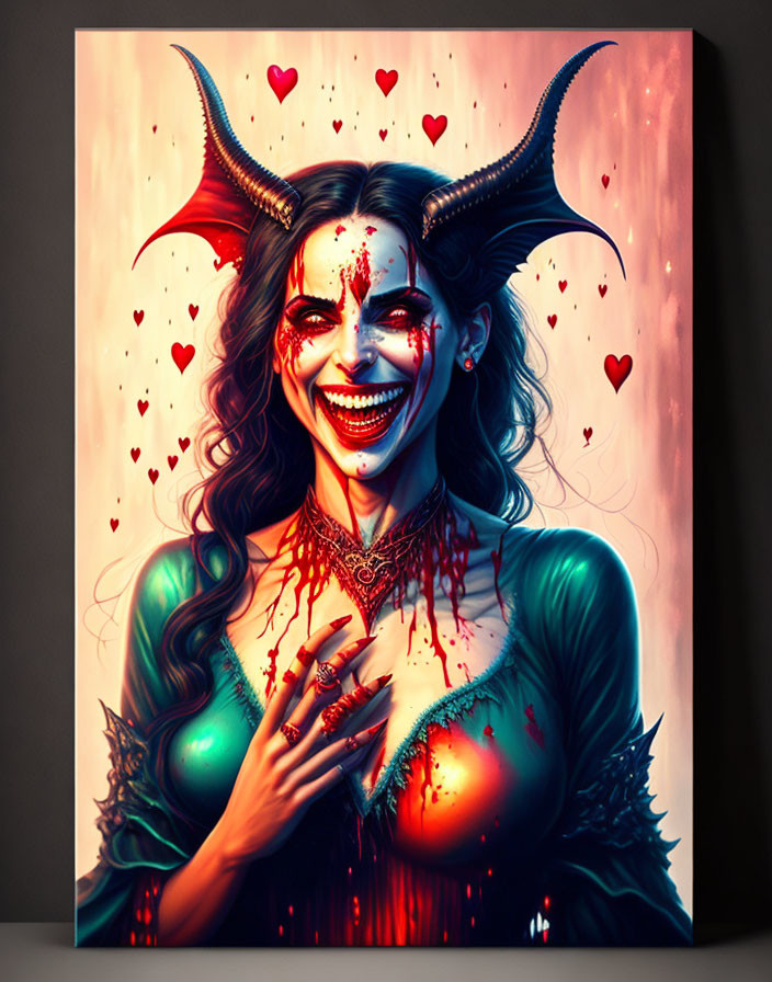 Female figure with horns and devilish smile in a vibrant painting