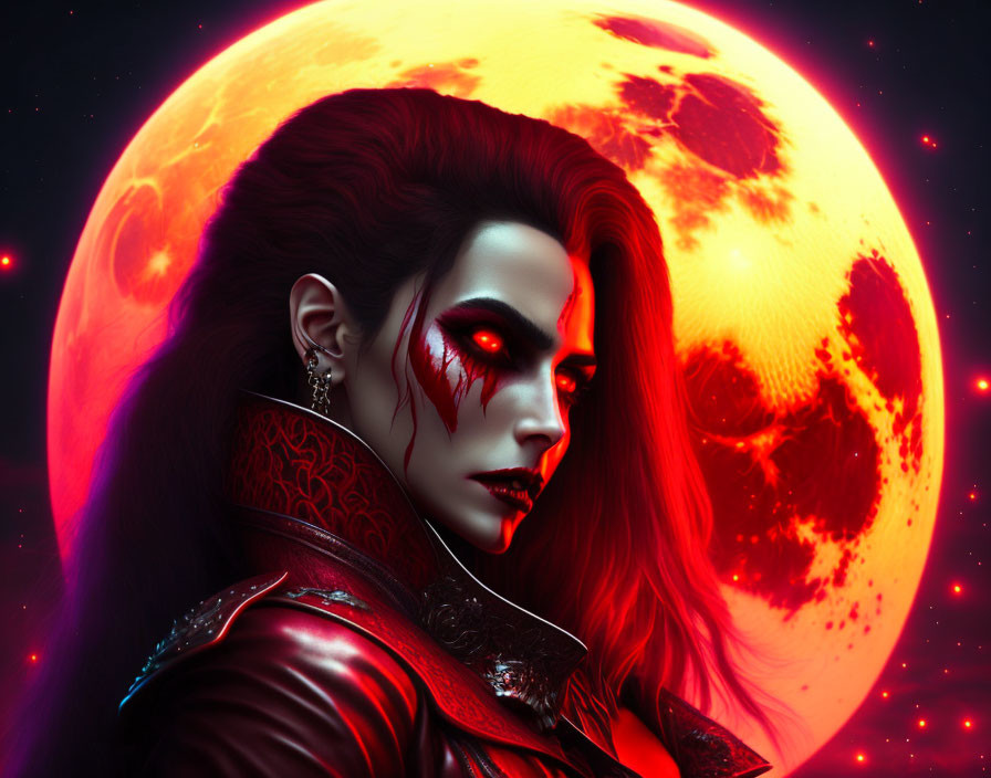 Digital artwork: Female with red glowing eyes, vampire fangs, and ominous red moon in the background