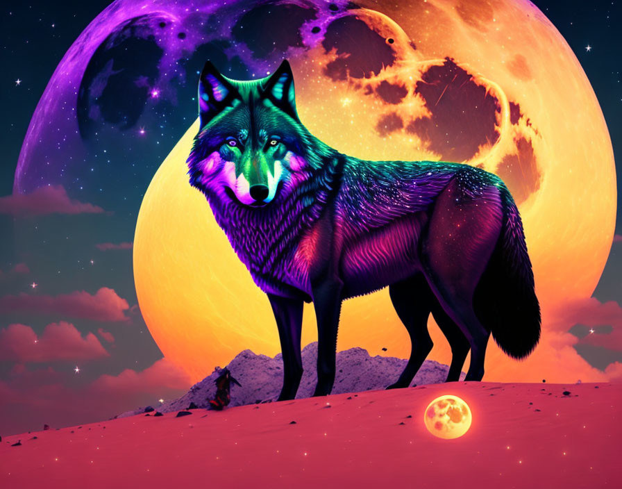 Colorful Wolf Artwork with Moonset on Rocky Terrain