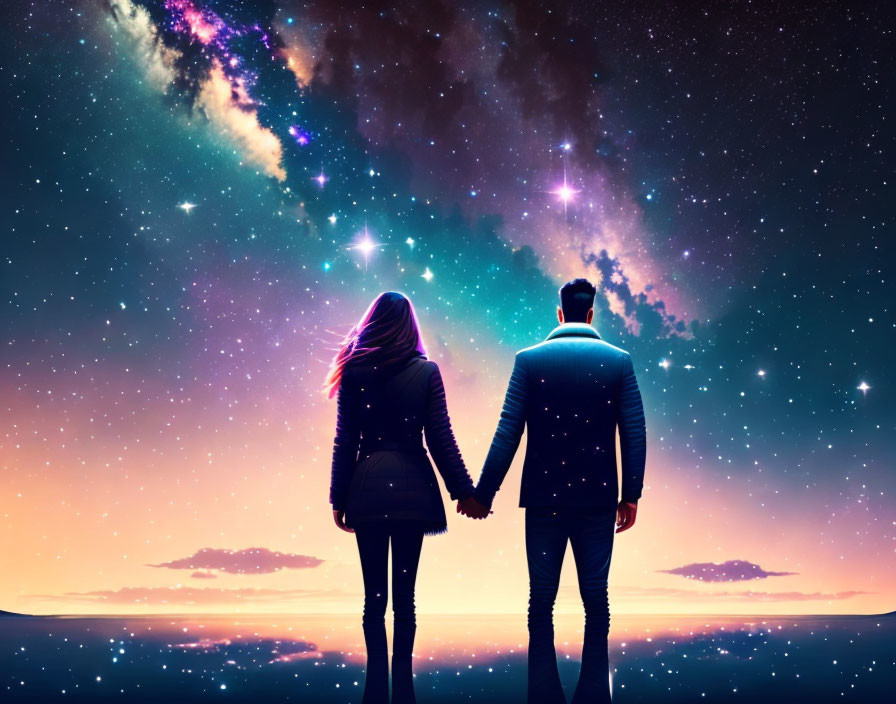 Couple holding hands under twilight sky with cosmic backdrop