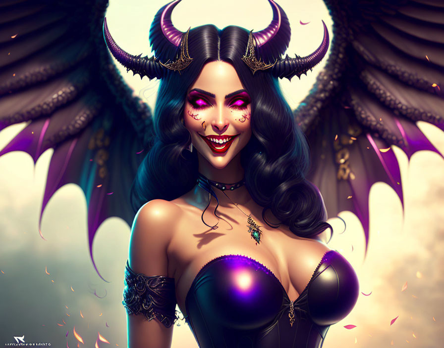 Smiling female character with horns and wings in purple and black corset