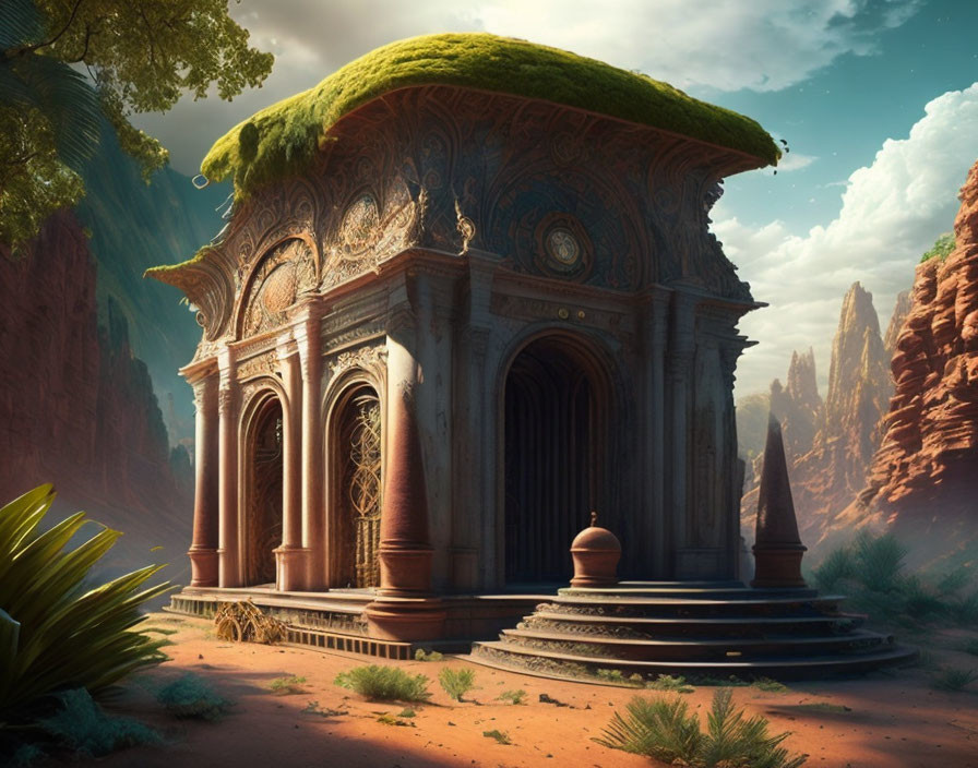 Ancient temple with green roof amid red rocks and blue sky