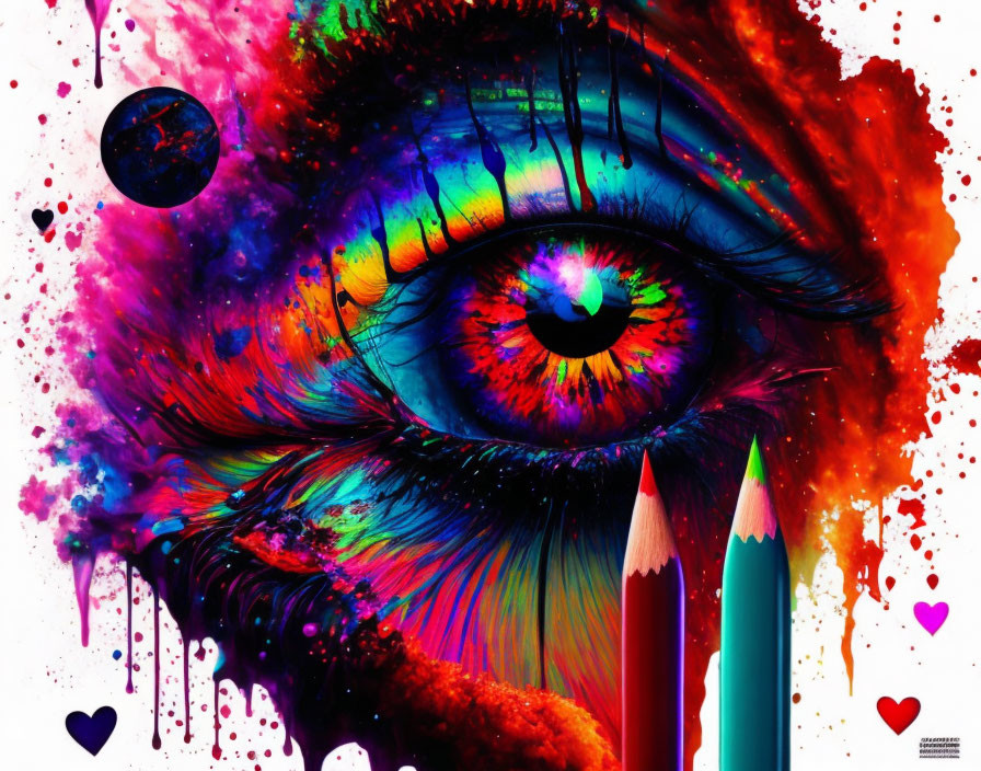 Colorful Artwork: Hyper-Detailed Eye, Paint Splashes, Pencils, Hearts,