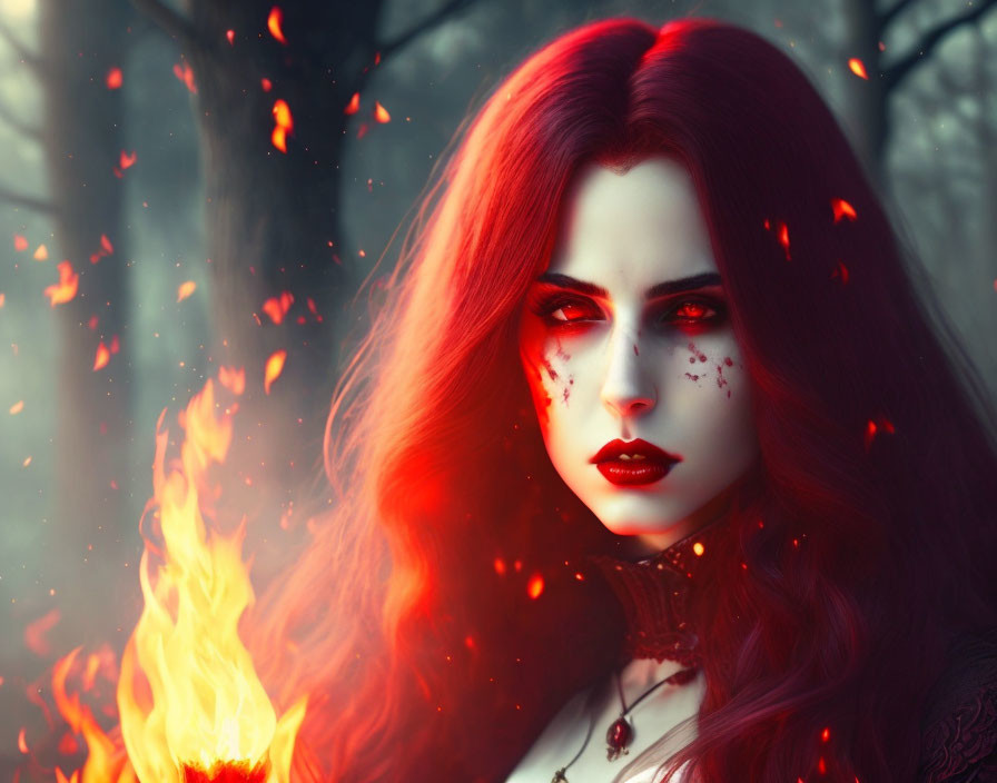 Red-haired woman near fire with mystical aura and red leaves.