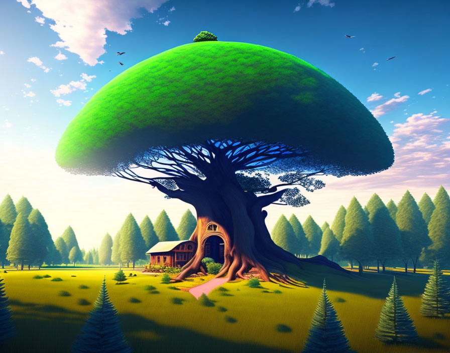 Giant mushroom-shaped tree with house in forest under blue sky