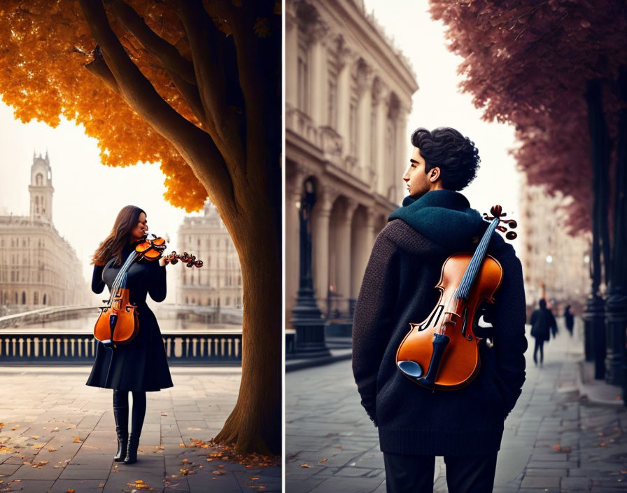 Woman playing violin under autumn tree, man walking with violin on city street