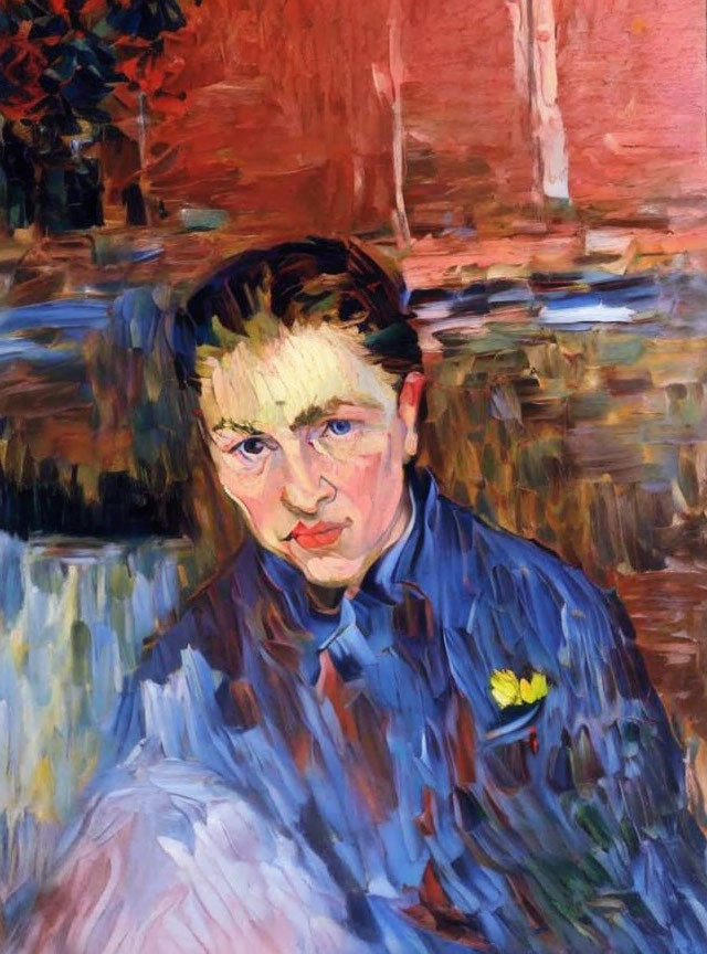 Portrait of a person with blue eyes in blue garment with yellow flower, set against vibrant brushstrokes