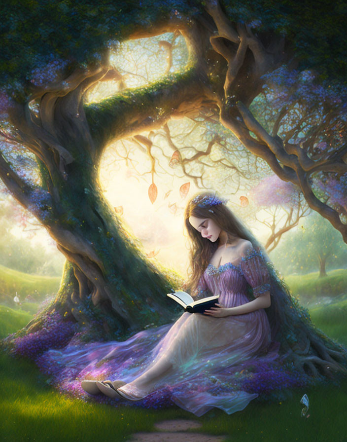 Woman in purple dress reading book under ancient tree in lush, glowing forest