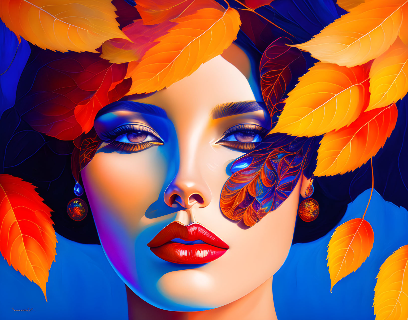 Colorful autumn leaves and feather-like patterns on a woman's face in vibrant digital artwork