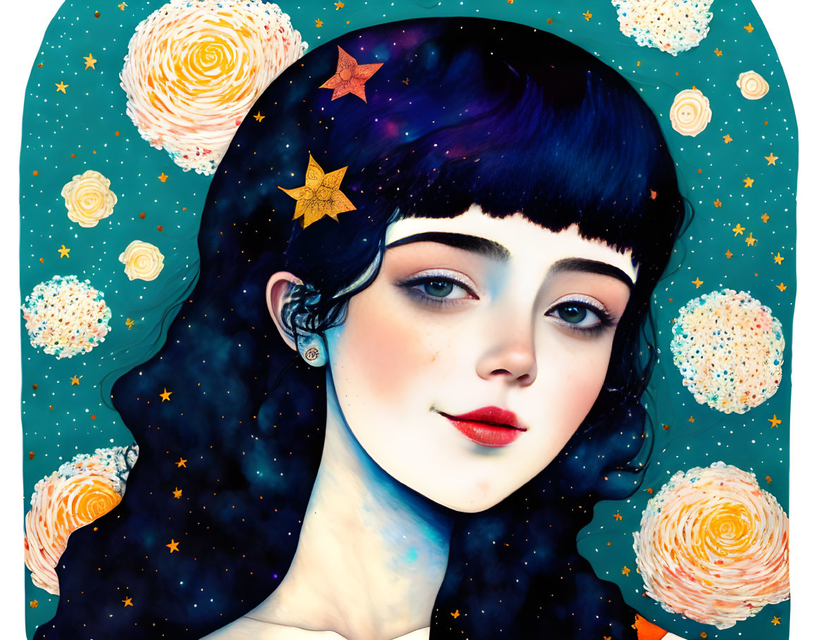 Person with Black Hair and Red Lips in Cosmic Illustration