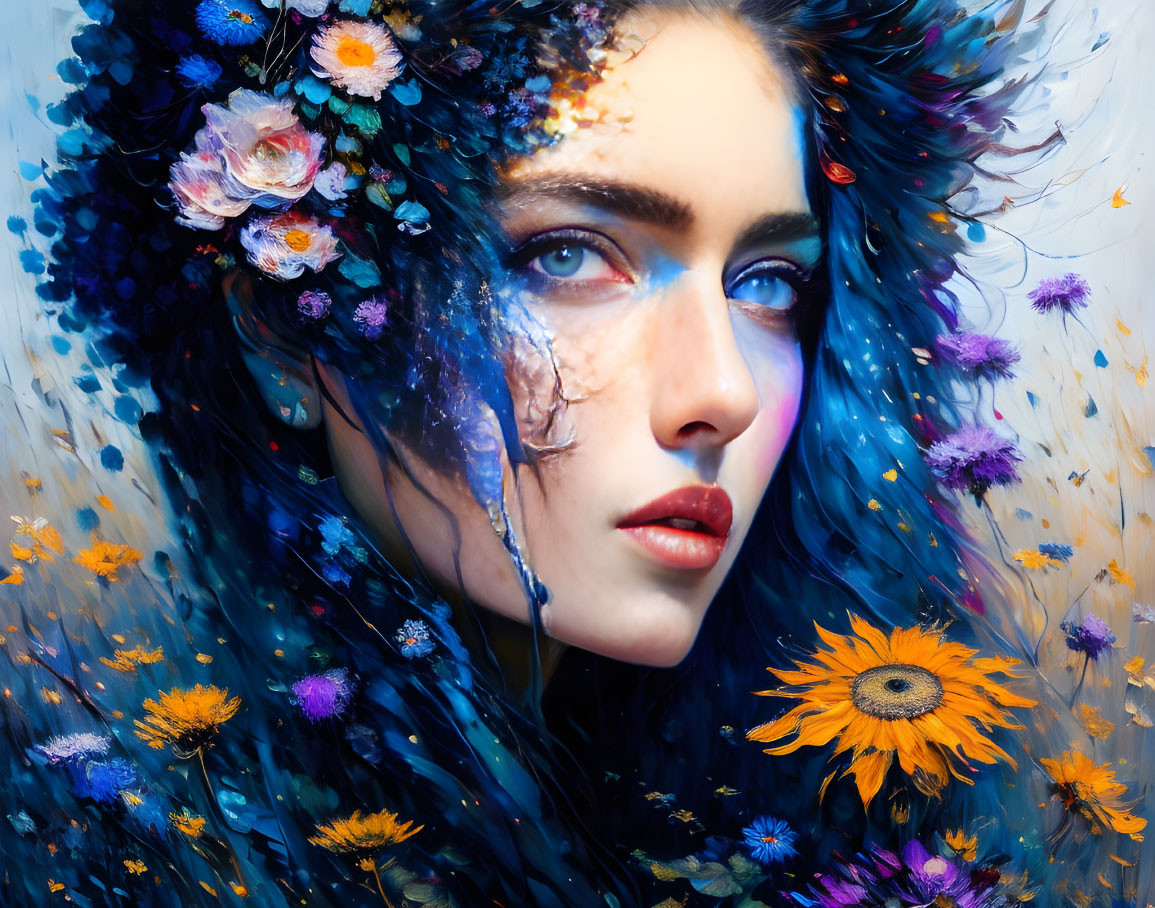 Vibrant blue hair and floral skin portrait of a woman.