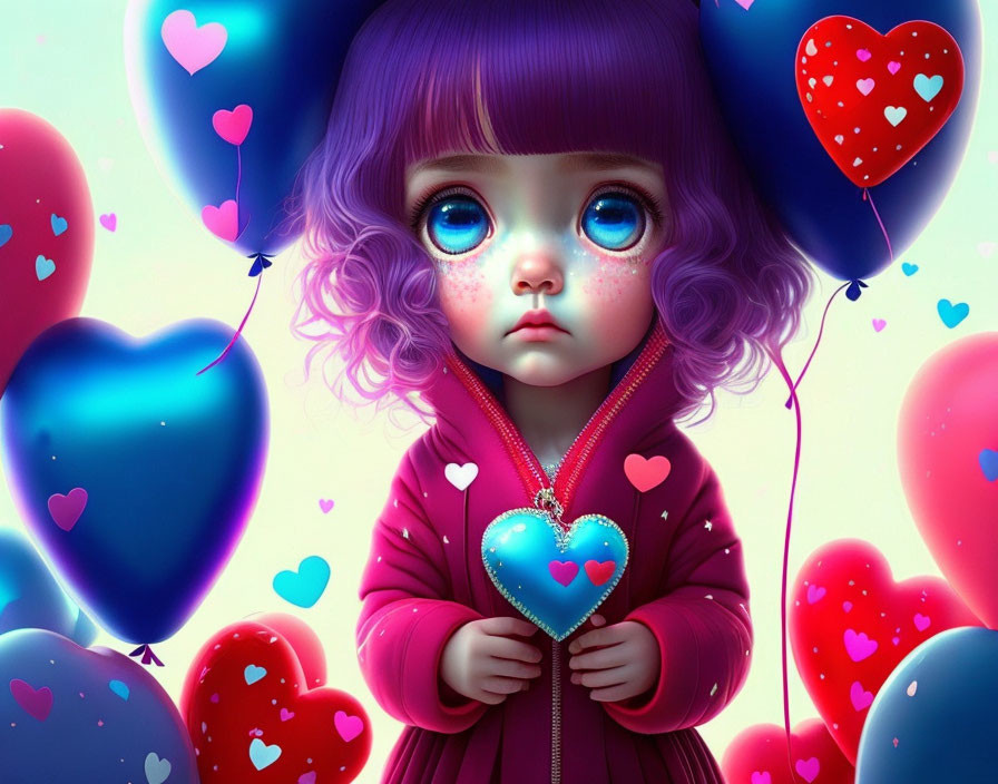 Colorful Heart Balloons Surround Big-Eyed Girl Holding Heart Object