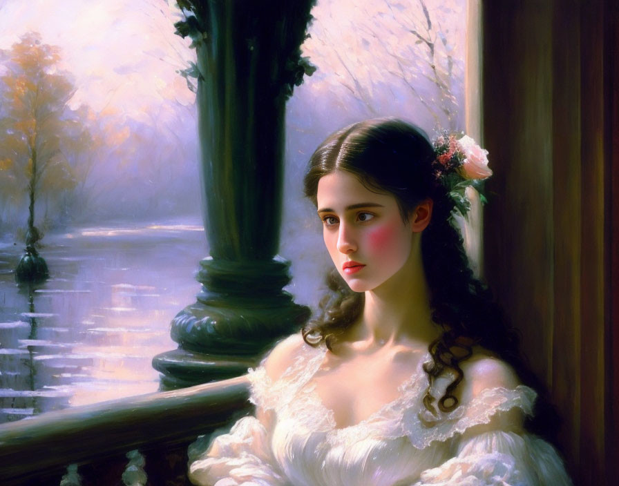 Young woman in white dress with flowers, gazing out window in serene landscape