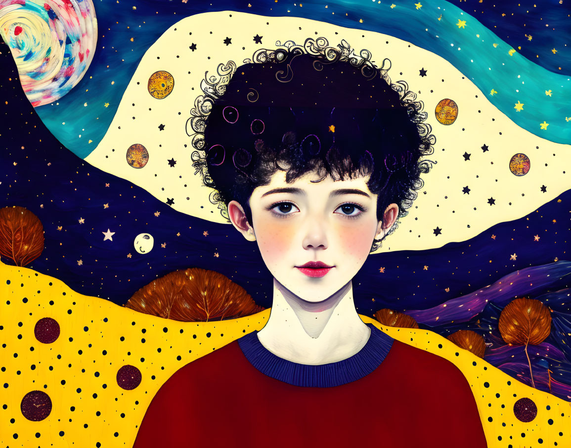 Child portrait with curly hair in cosmic setting