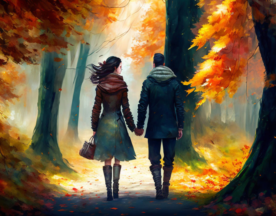 Couple walking on autumn path with colorful trees