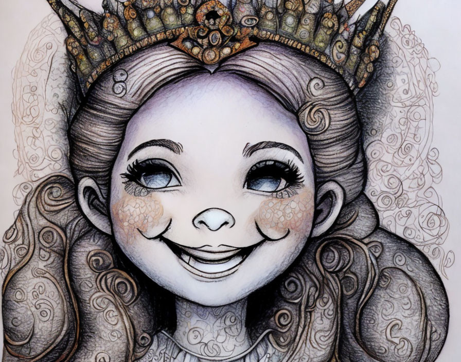 Detailed illustration of a smiling girl with curly hair and elaborate crown