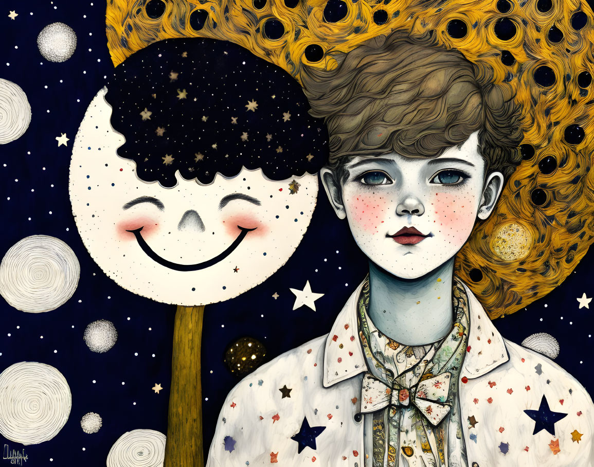 Whimsical girl with hair blending into starry night sky and smiling crescent moon in space-themed